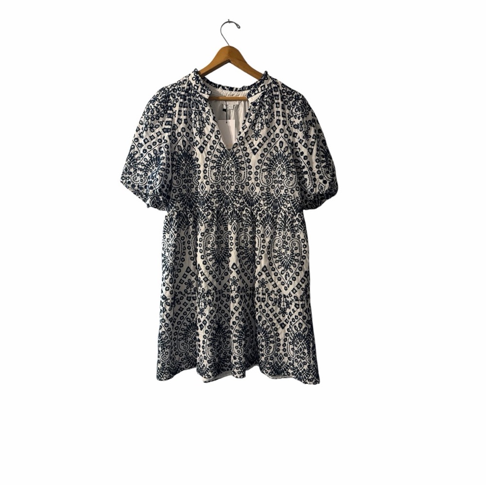 Sugar Lips Embroidered Babydoll Dress NWT Blue White Boho Puff Sleeve Large